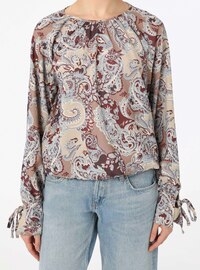 Printed Tie-Sleeve Blouse Beige
