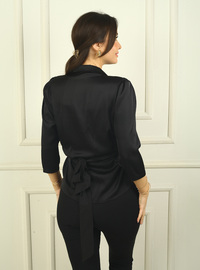 Satin Sequin Tie-Waist Blouse Black