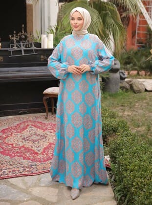 Blue - Modest Dress - SAHRA BUTİK