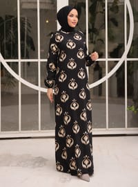 Robe Modeste Viscose Motif Noir Crème