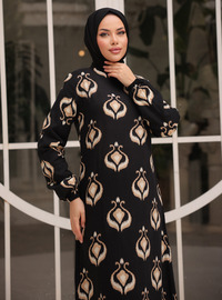Robe Modeste Viscose Motif Noir Crème