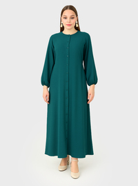 Plus Size Full Buttoned Elastic Waist Dress Emerald Green Alia