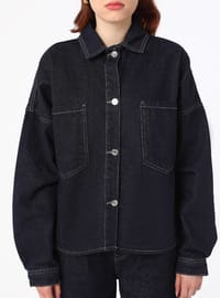 Contrast Stitch Pocket Denim Jacket Navy Blue Refka Exclusive