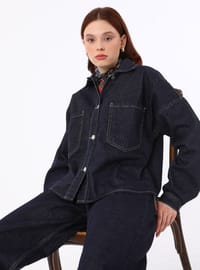 Contrast Stitch Pocket Denim Jacket Navy Blue Refka Exclusive