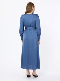 Plus Size Satin Balloon Sleeve Dress - Indigo