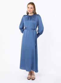 Plus Size Satin Balloon Sleeve Dress - Indigo