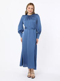 Plus Size Satin Balloon Sleeve Dress - Indigo