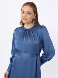 Plus Size Satin Balloon Sleeve Dress - Indigo