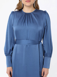 Plus Size Satin Balloon Sleeve Dress - Indigo