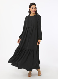 Button Detail Modest Dress Black