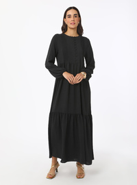 Button Detail Modest Dress Black