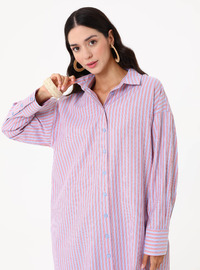 Cotton Poplin Oversize Shirt Tunic Pink Blue Striped
