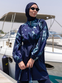 Minel Marineblau Druck Gemustert Vollständig Bedeckt Modest Badeanzug Lang 3-Teilig Set Marineblau