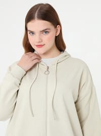 Sweatshirt Sport Grande Taille à Capuche Fermeture Éclair Couleur Pierre