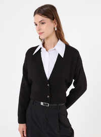 Strickcardigan mit V-Ausschnitt Knöpfen Schwarz
