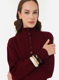 Knopf Detail Rollkragen Strick Modest Kleid Bordeaux Refka