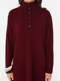 Knopf Detail Rollkragen Strick Modest Kleid Bordeaux Refka