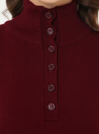Knopf Detail Rollkragen Strick Modest Kleid Bordeaux Refka