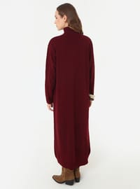 Knopf Detail Rollkragen Strick Modest Kleid Bordeaux Refka