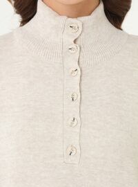 Knopf Detail Rollkragen Strick Modest Kleid Creme Refka