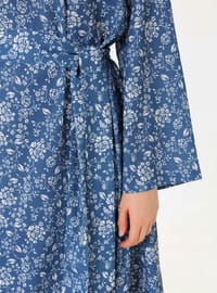 Blue Floral Belted Modest Dress Refka