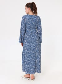 Blue Floral Belted Modest Dress Refka