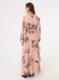 Robe Modeste Chiffon Étagée Manches Bouffantes Imprimé Floral Rose Refka