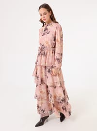 Robe Modeste Chiffon Étagée Manches Bouffantes Imprimé Floral Rose Refka