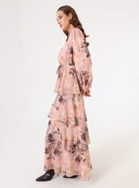 Robe Modeste Chiffon Étagée Manches Bouffantes Imprimé Floral Rose Refka
