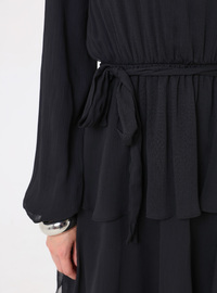 Robe Modeste Chiffon Jupe Plissée Manches Ballons Noir