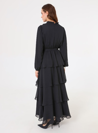 Robe Modeste Chiffon Jupe Plissée Manches Ballons Noir