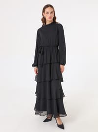 Robe Modeste Chiffon Jupe Plissée Manches Ballons Noir