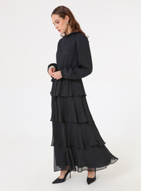Robe Modeste Chiffon Jupe Plissée Manches Ballons Noir