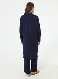 Front Slit Half Button Tunic Pants Set Navy Blue Refka