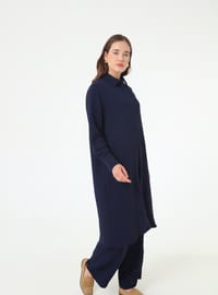 Front Slit Half Button Tunic Pants Set Navy Blue Refka