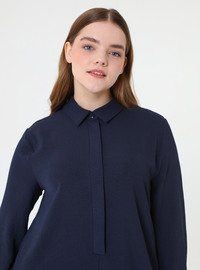 Half Button Long Tunic Trouser Plus Size Set Navy Blue