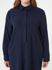 Half Button Long Tunic Trouser Plus Size Set Navy Blue