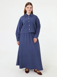 Soft Touch Gold Button Detail Shirt Skirt Plus Size Set Navy Blue