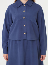 Soft Touch Gold Button Detail Shirt Skirt Plus Size Set Navy Blue