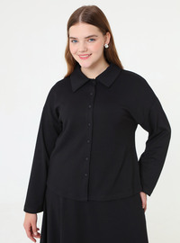 Soft Touch Button Detail Shirt Skirt Plus Size Set Black