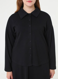 Soft Touch Button Detail Shirt Skirt Plus Size Set Black