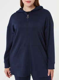 Zippered Hooded Sport Sweatshirt Pants Plus Size Set Navy Blue