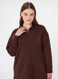 Zippered Hooded Sport Sweatshirt Pants Plus Size Set Brown