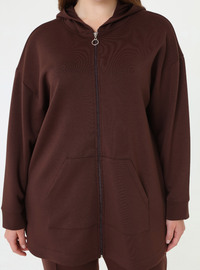 Zippered Hooded Sport Sweatshirt Pants Plus Size Set Brown
