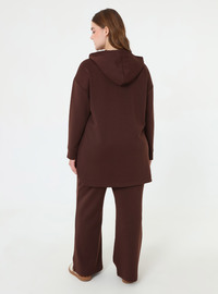 Zippered Hooded Sport Sweatshirt Pants Plus Size Set Brown