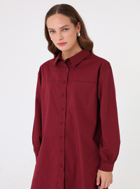 Chemise Blouse Basique Longue Popeline Poches Détail Bordeaux