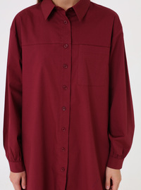 Chemise Blouse Basique Longue Popeline Poches Détail Bordeaux