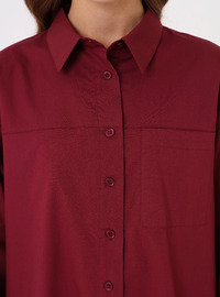 Chemise Blouse Basique Longue Popeline Poches Détail Bordeaux