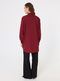 Chemise Blouse Basique Longue Popeline Poches Détail Bordeaux