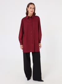 Chemise Blouse Basique Longue Popeline Poches Détail Bordeaux